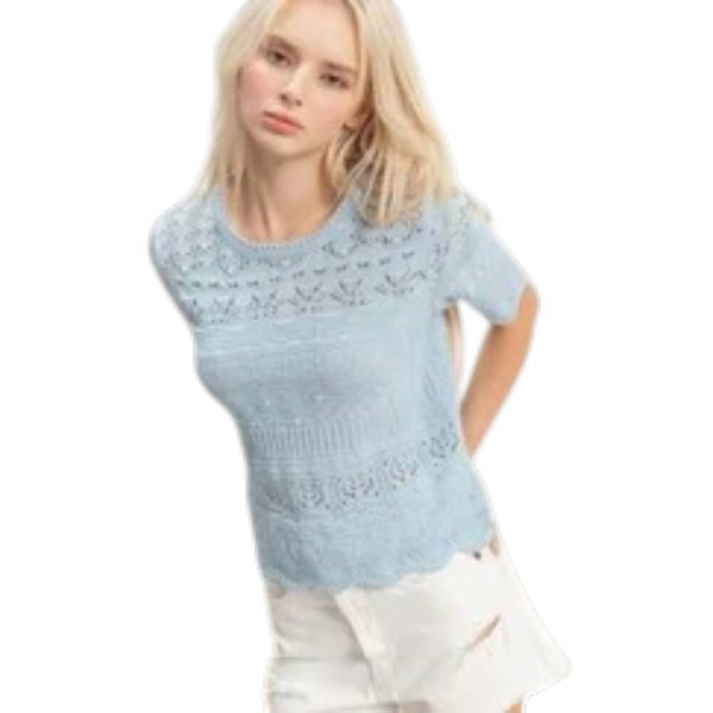NEW HYFVE crochet knit short sleeve top in iced blue